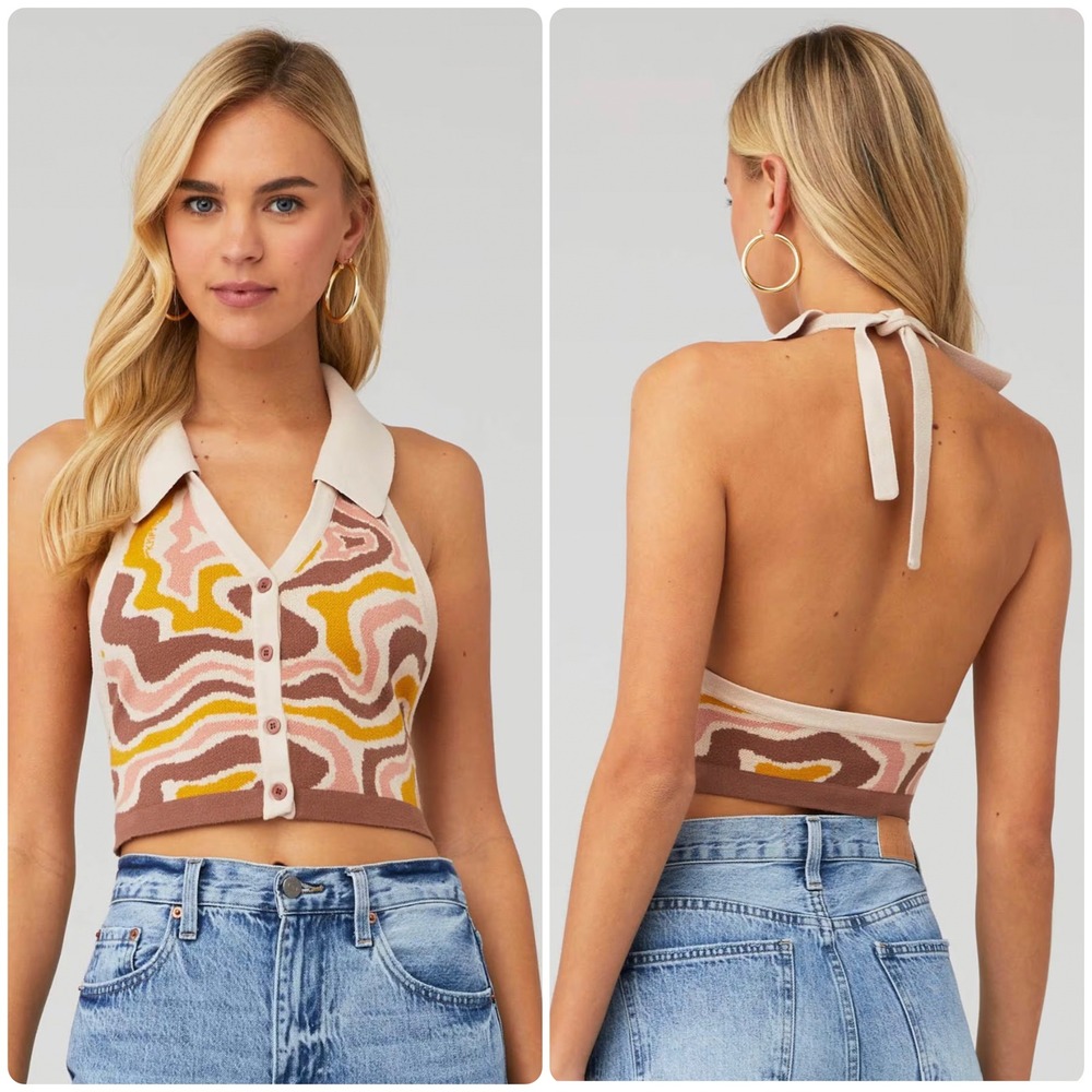 THE KRIPT Womens Swoosh Knit Retro 70s Swirl Halter Boho Festival Top Size XS/S‎